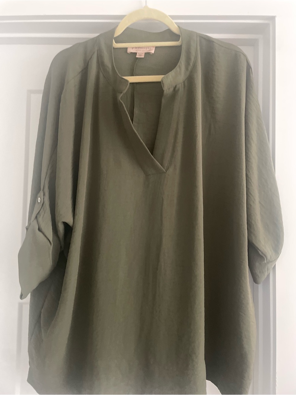 Philosophy Olive Split V-Neck Roll-Tab Blouse
